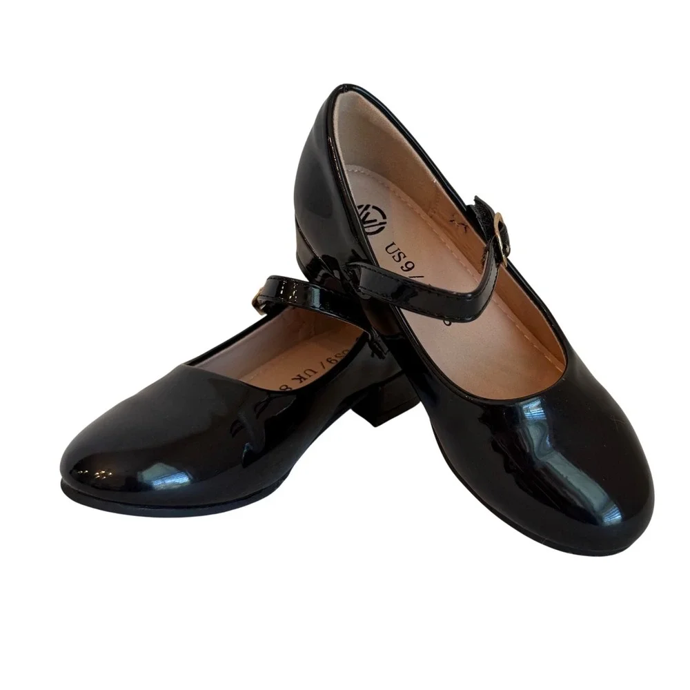 Girls Black Patent Mary Jane Dress Shoes Size 9 US 27 EU Gold Buckle Formal